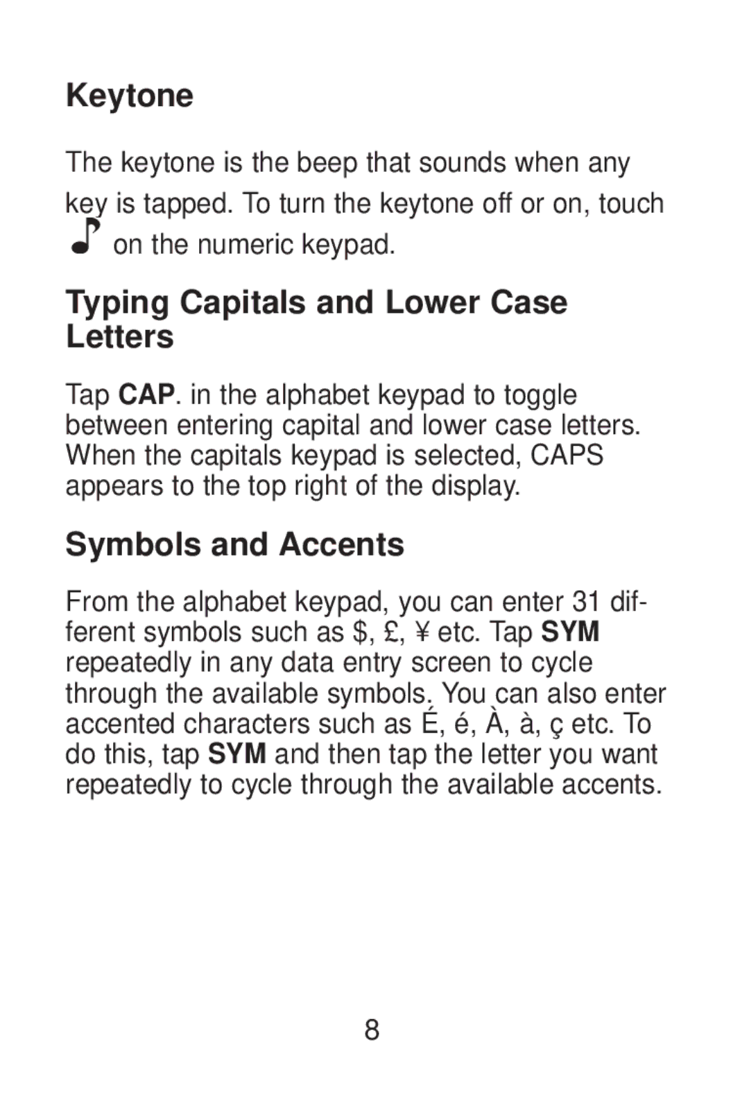 Franklin RT-8015 manual Keytone, Typing Capitals and Lower Case Letters, Symbols and Accents 