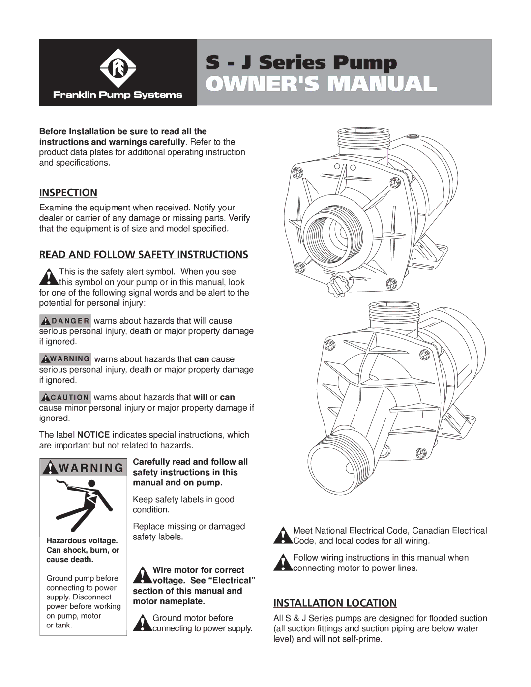 Franklin S - J Series owner manual Inspection, Read and Follow Safety Instructions, Installation Location 