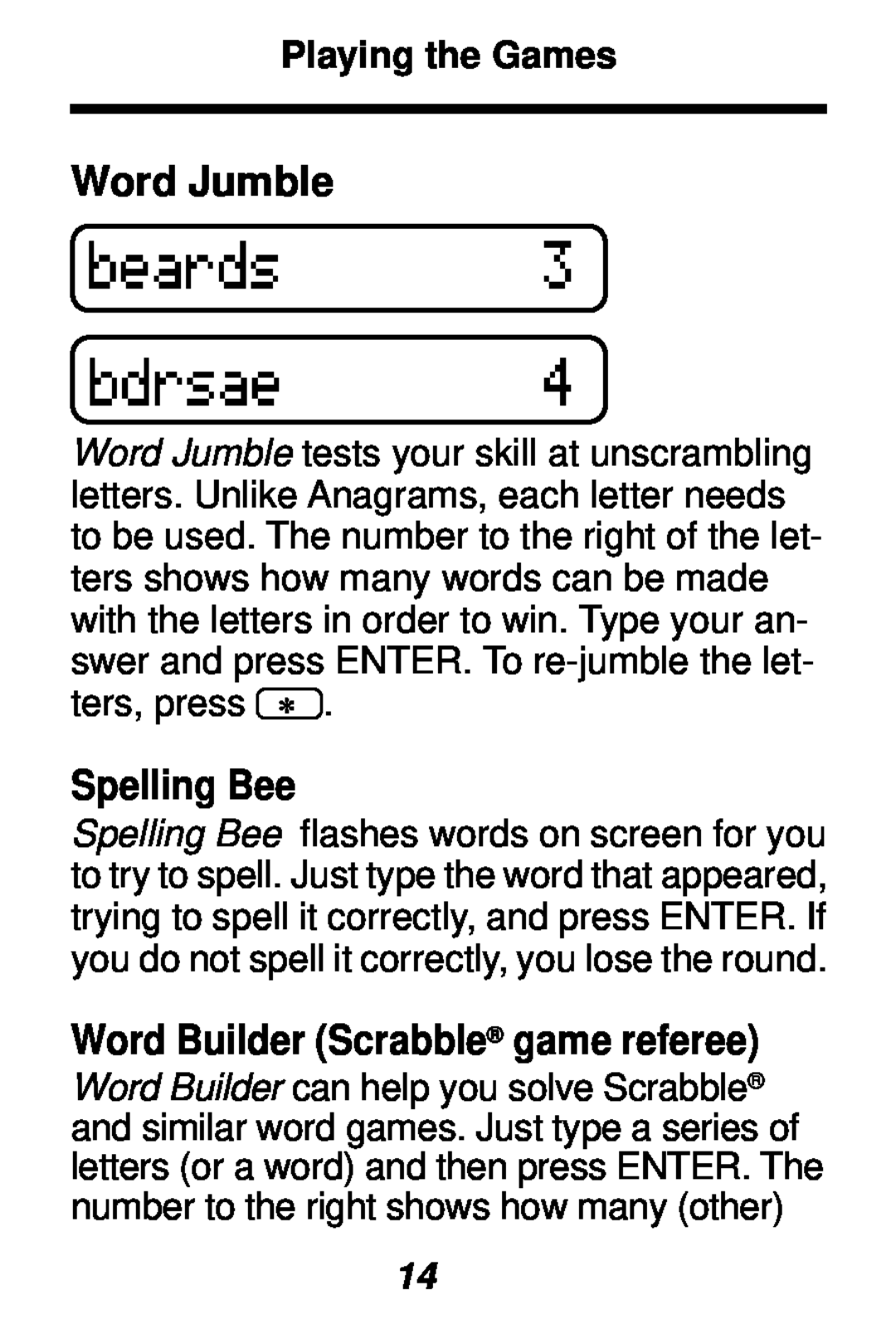 Franklin SA-98 manual Word Jumble, Spelling Bee, Word Builder Scrabble game referee, Playing the Games 