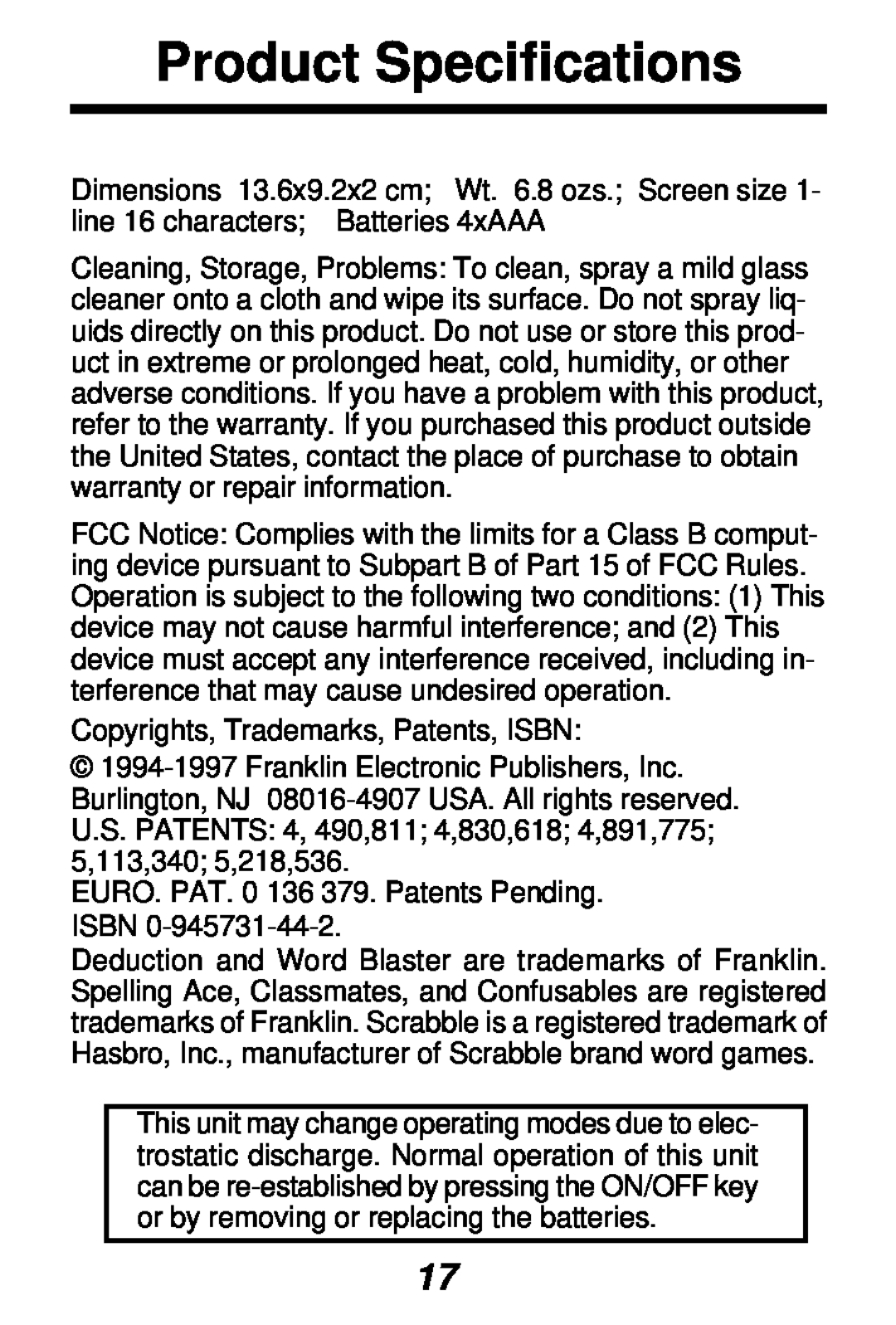 Franklin SA-98 manual Product Specifications 
