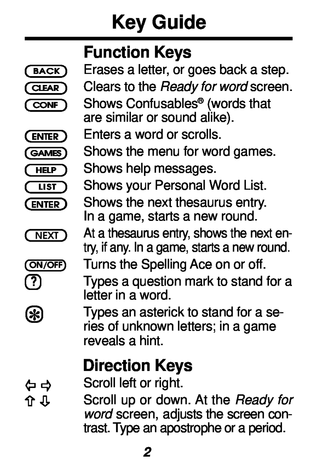 Franklin SA-98 manual Key Guide, Function Keys, Direction Keys 