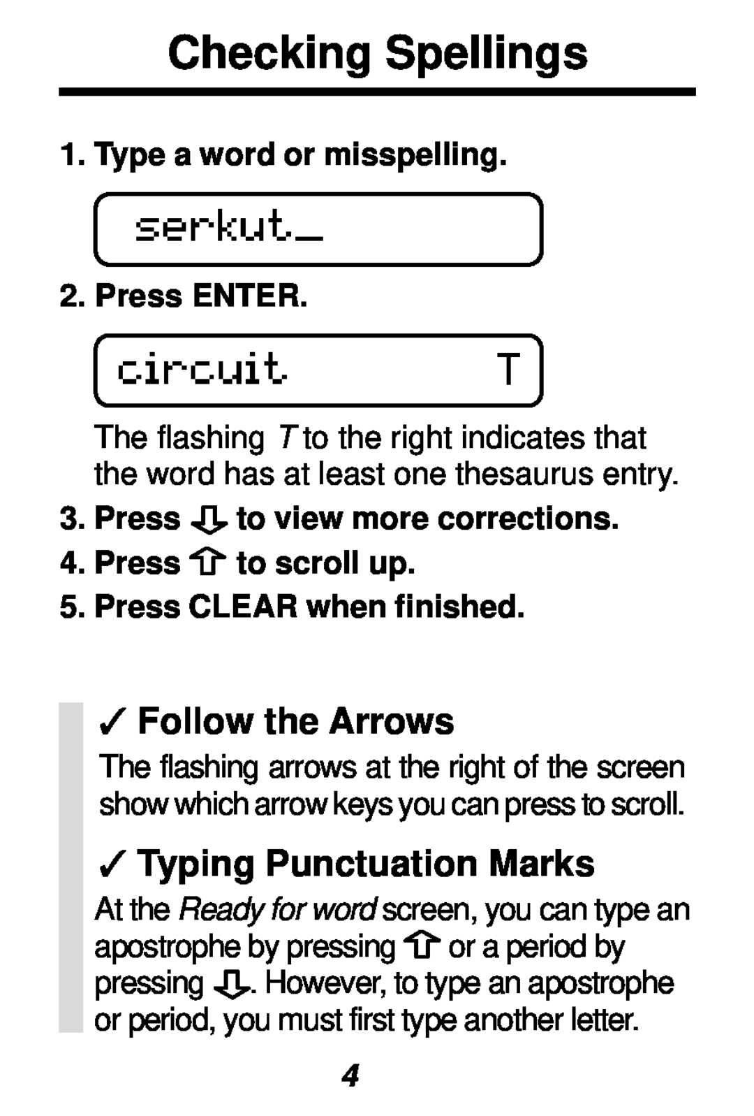 Franklin SA-98 Checking Spellings, Follow the Arrows, Typing Punctuation Marks, Type a word or misspelling 2.Press ENTER 