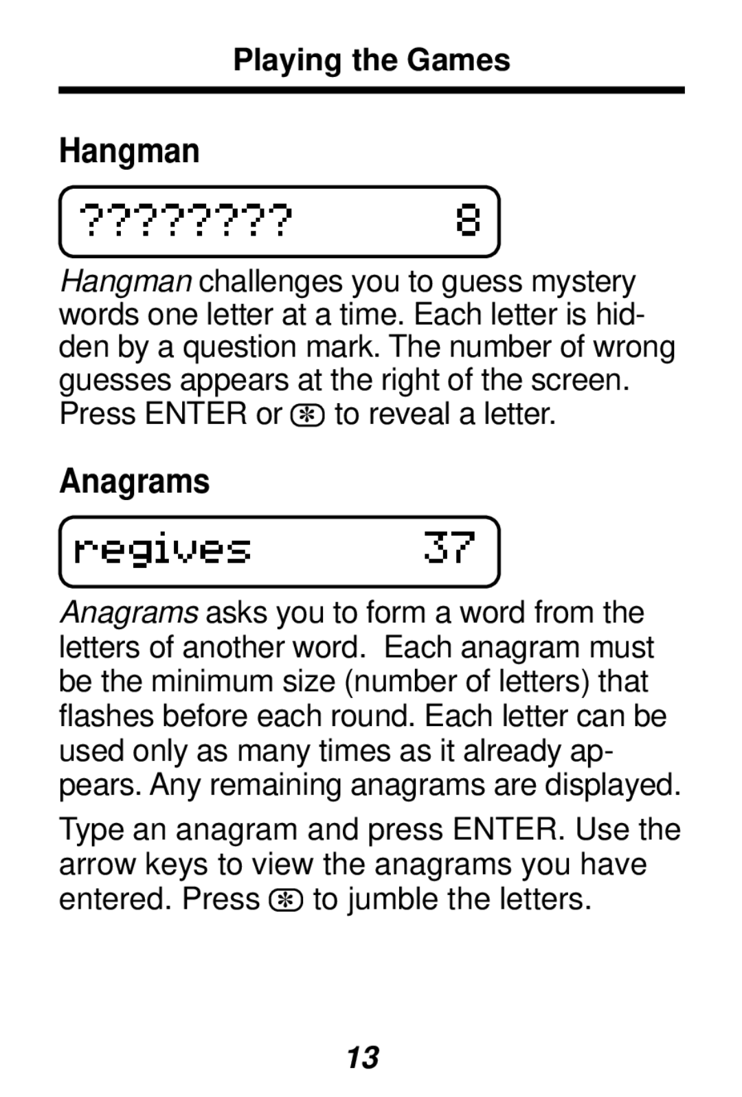 Franklin SA-98 manual Hangman, Anagrams 