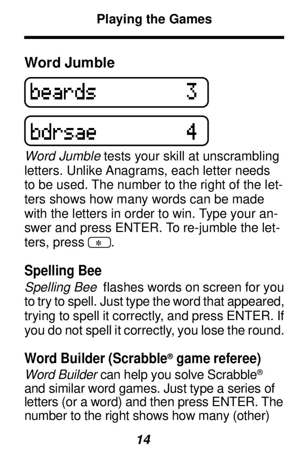 Franklin SA-98 manual Word Jumble, Spelling Bee, Word Builder Scrabble game referee 