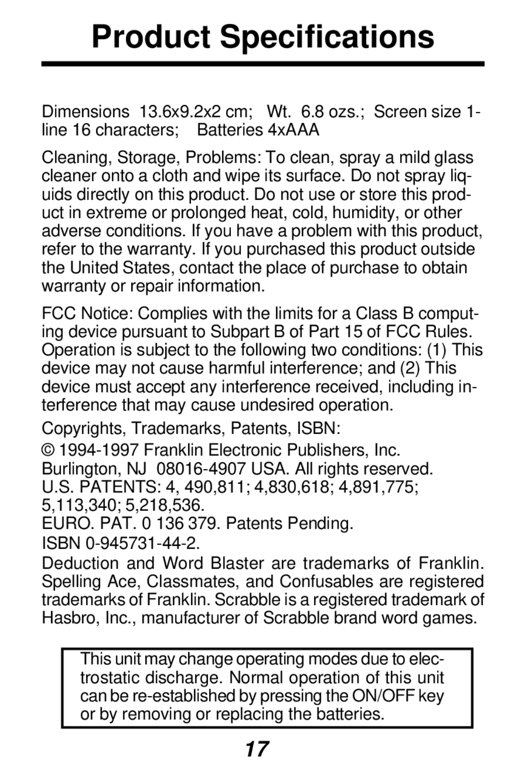 Franklin SA-98 manual Product Specifications 