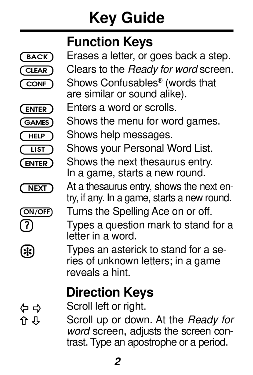 Franklin SA-98 manual Key Guide, Function Keys, Direction Keys 