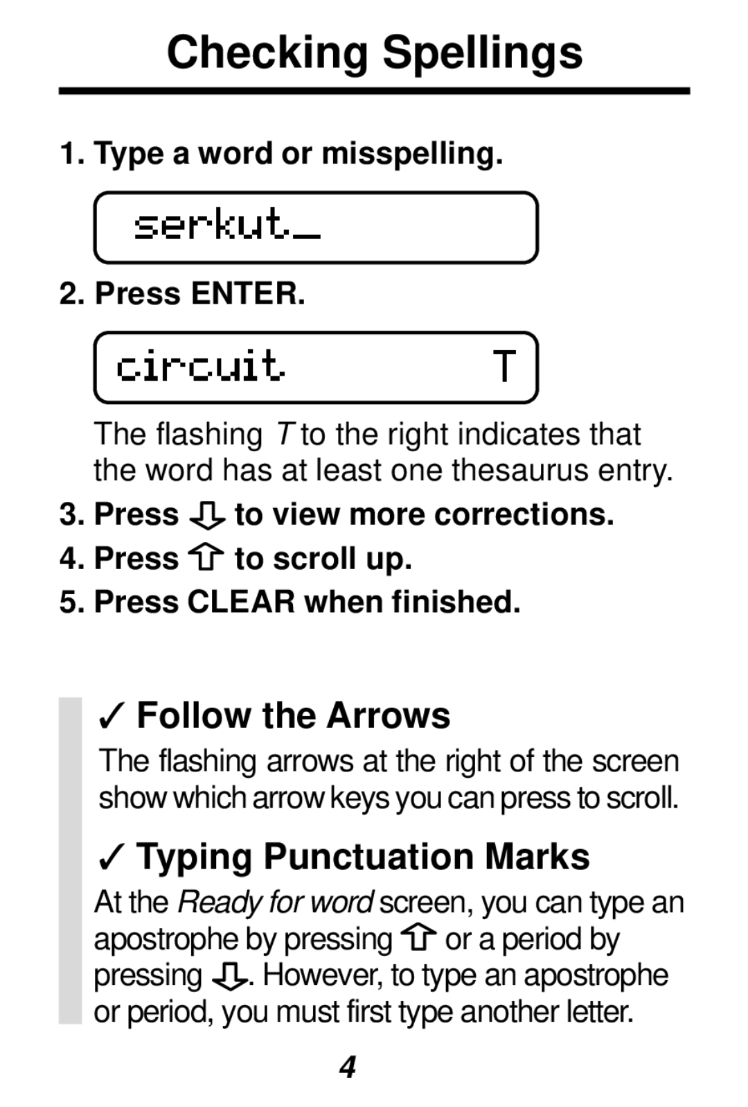 Franklin SA-98 manual Checking Spellings, Typing Punctuation Marks 