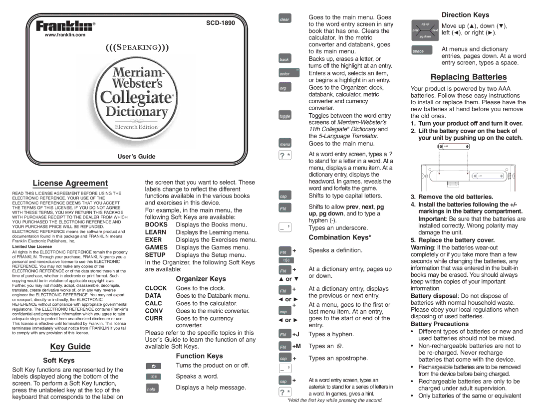 Franklin SCD-1890 manual Replacing Batteries, License Agreement, Key Guide 