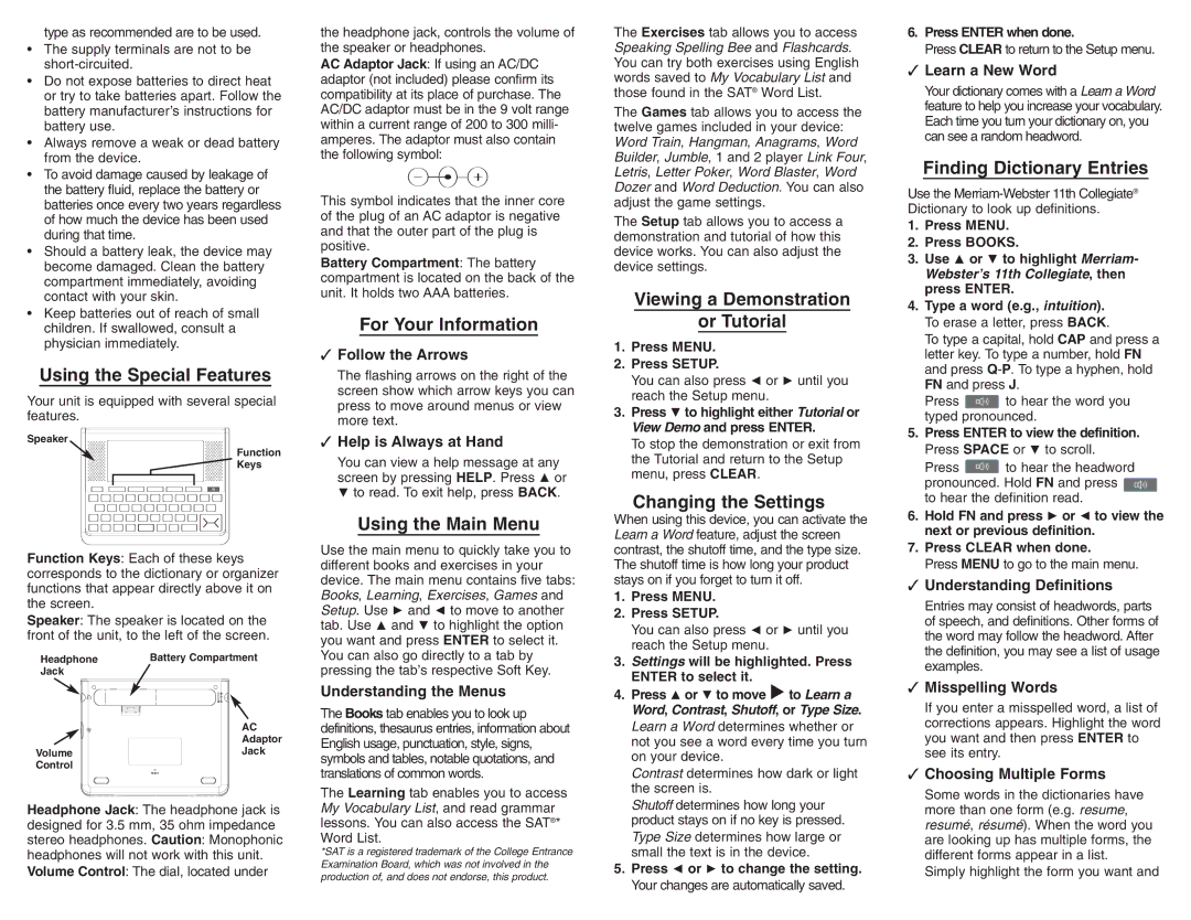 Franklin SCD-1890 manual Using the Special Features, For Your Information, Using the Main Menu, Changing the Settings 