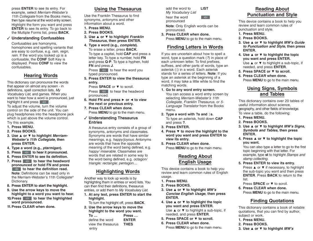 Franklin SCD-1890 Hearing Words, Using the Thesaurus, Highlighting Words, Finding Letters in Words, Finding Quotations 