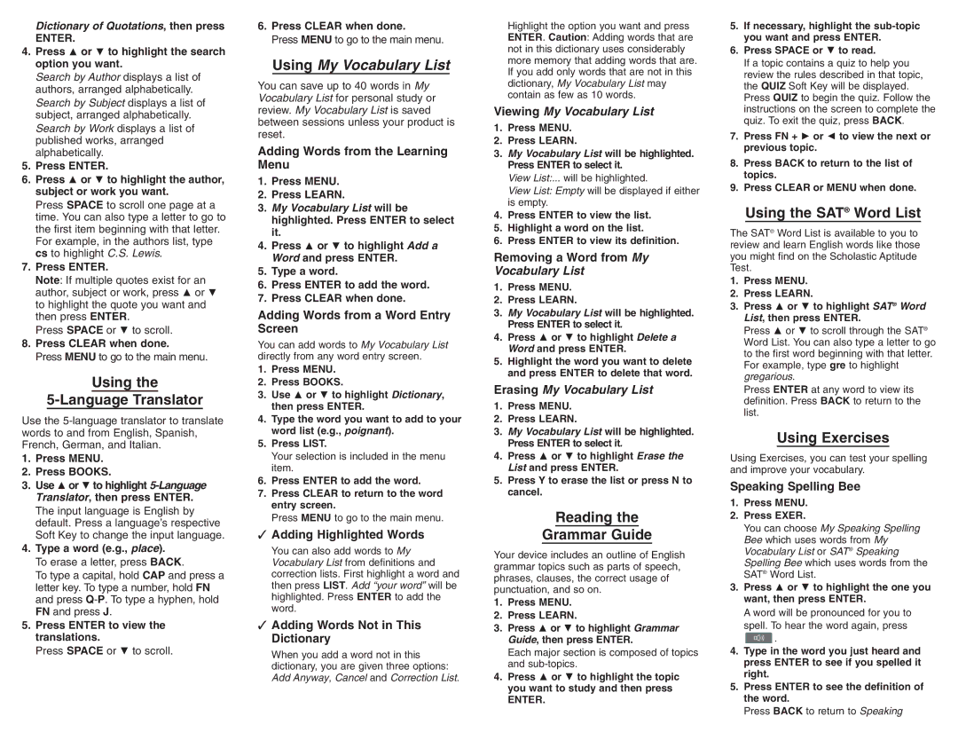 Franklin SCD-1890 manual Using Language Translator, Reading Grammar Guide, Using the SAT Word List, Using Exercises 