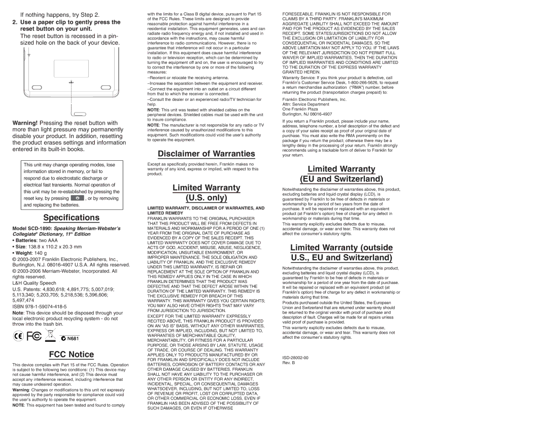 Franklin SCD-1890 manual Specifications, FCC Notice, Disclaimer of Warranties, Limited Warranty Only 