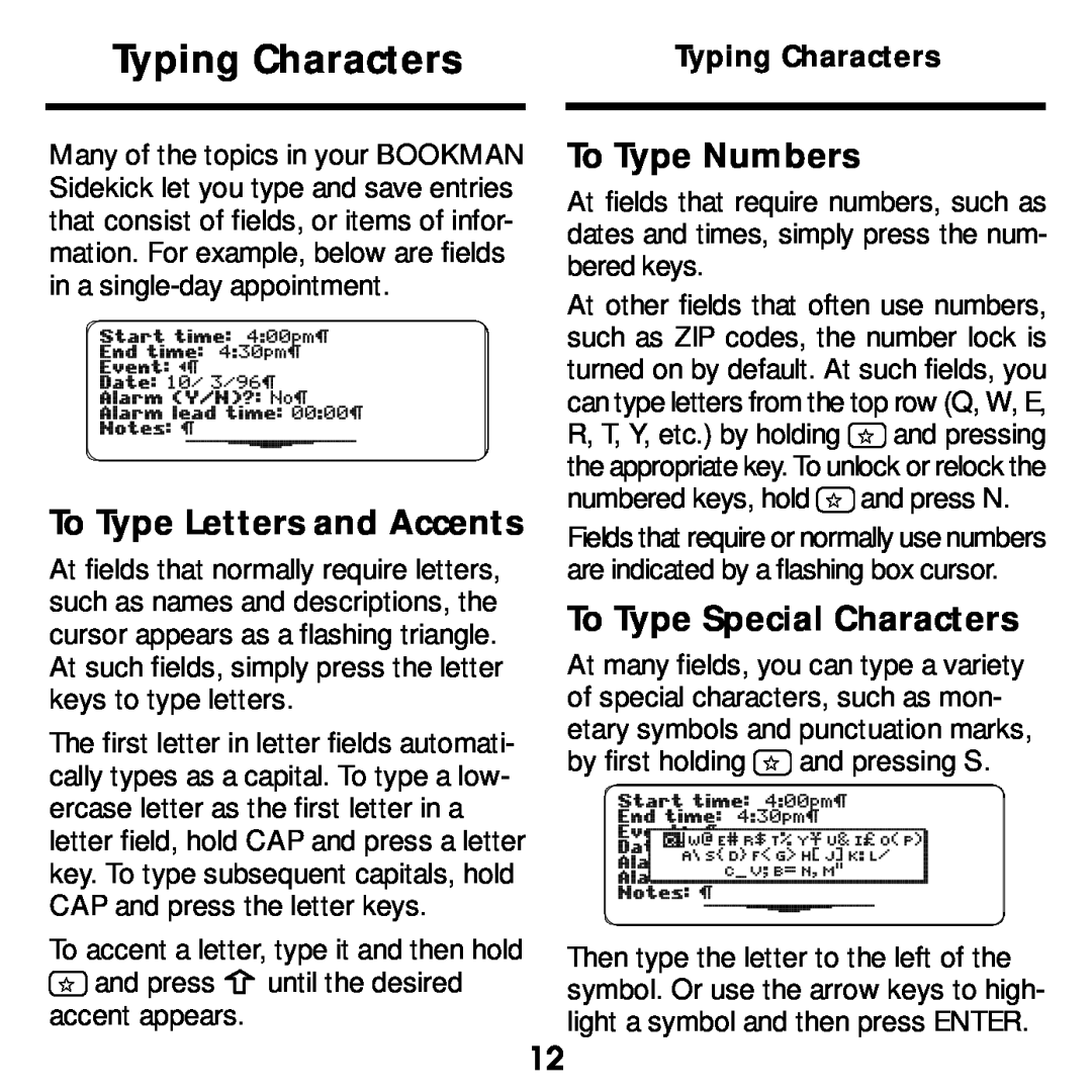Franklin SDK-763, SDK-765 manual Typing Characters, To Type Letters and Accents, To Type Numbers, To Type Special Characters 