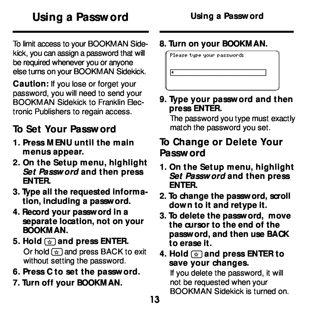 Franklin SDK-765, SDK-763 manual Using a Password, To Set Your Password, To Change or Delete Your Password 