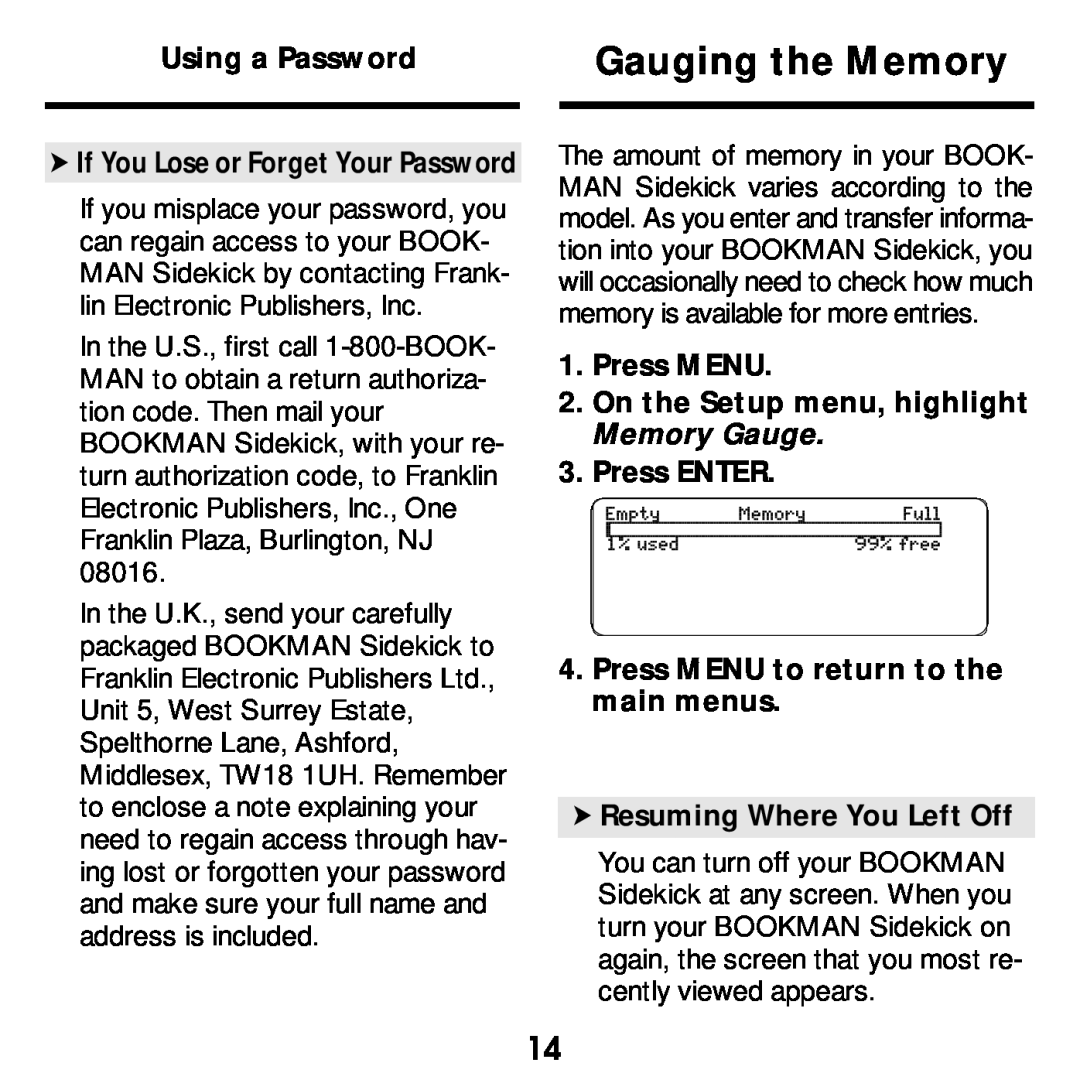 Franklin SDK-763, SDK-765 Gauging the Memory, Using a Password, Press MENU 2. On the Setup menu, highlight Memory Gauge 