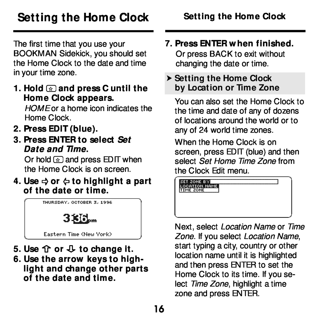 Franklin SDK-763, SDK-765 manual Setting the Home Clock 