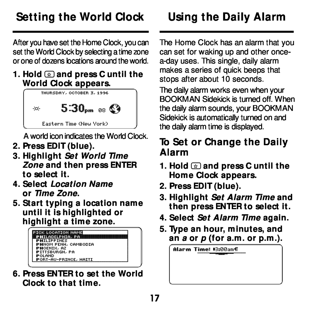 Franklin SDK-765, SDK-763 manual Setting the World Clock, Using the Daily Alarm, To Set or Change the Daily Alarm 