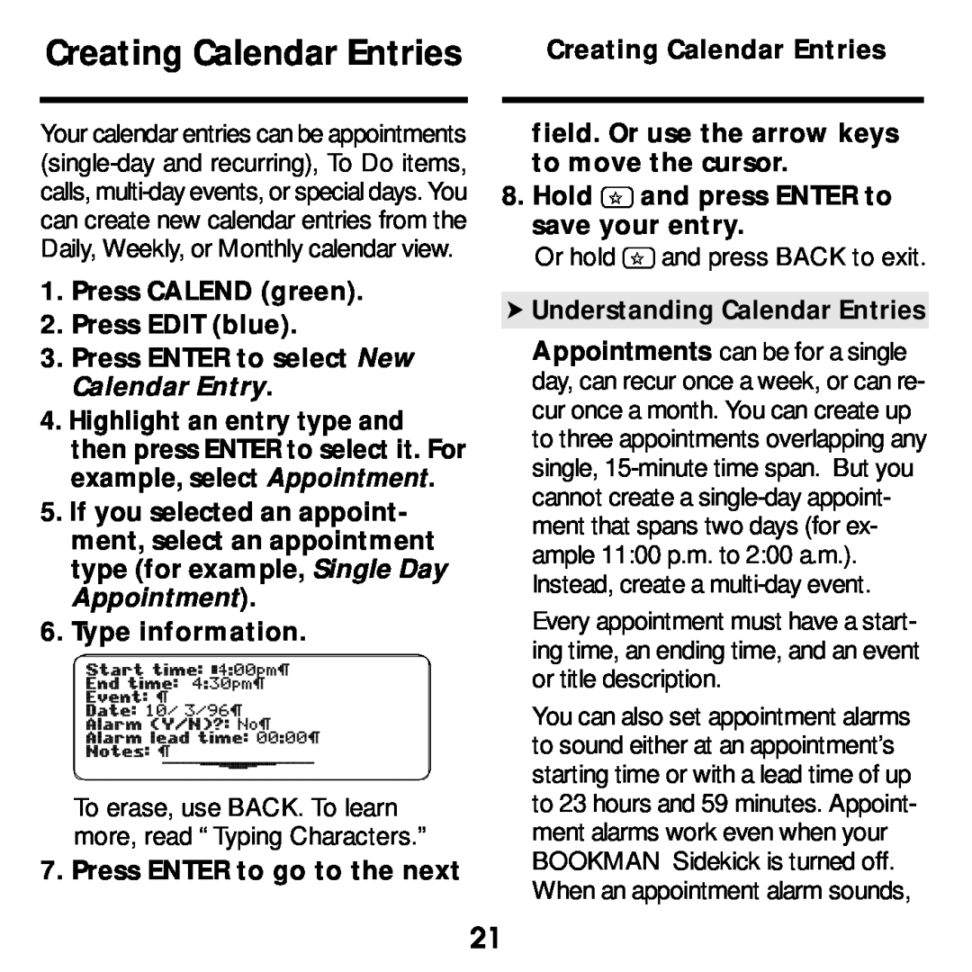 Franklin SDK-765, SDK-763 manual Creating Calendar Entries 
