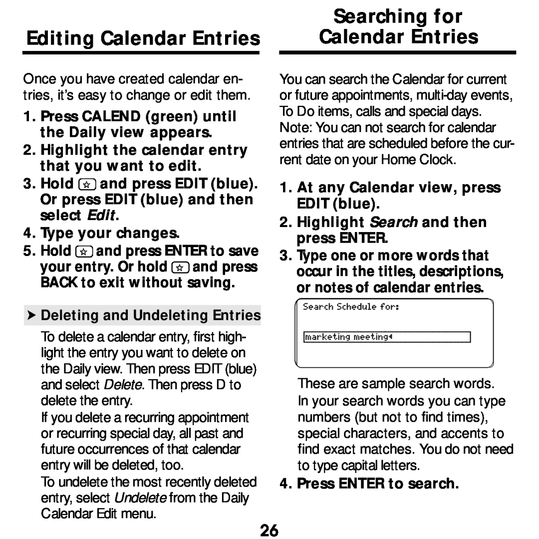 Franklin SDK-763, SDK-765 manual Searching for, Editing Calendar Entries 