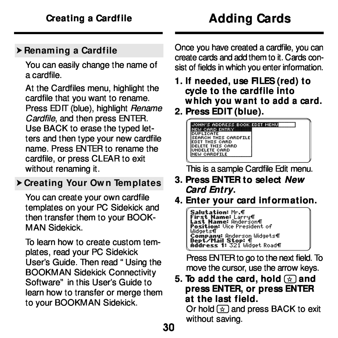 Franklin SDK-763, SDK-765 Adding Cards, You can easily change the name of a cardfile, This is a sample Cardfile Edit menu 
