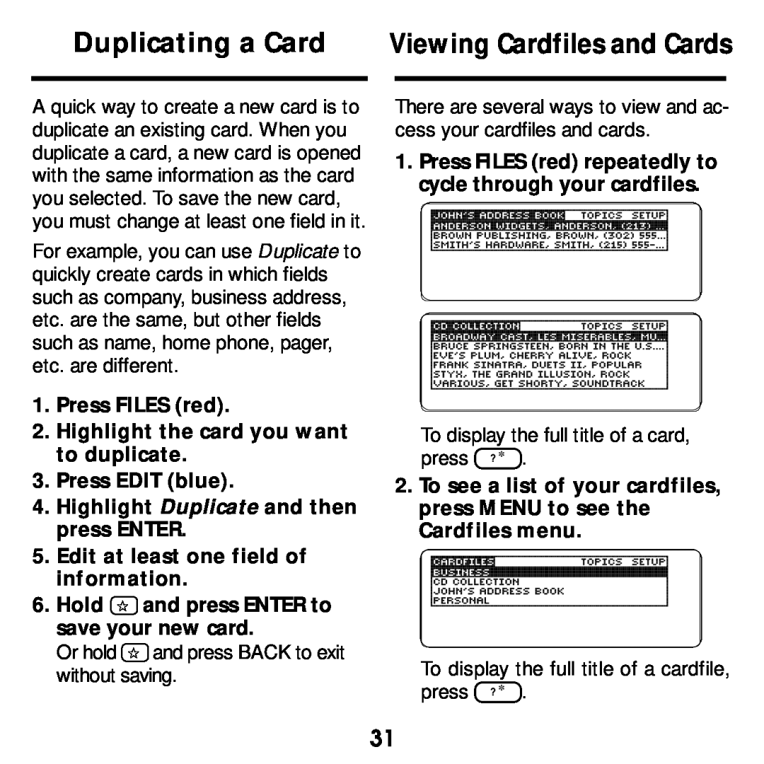 Franklin SDK-765, SDK-763 manual Duplicating a Card, Viewing Cardfiles and Cards 