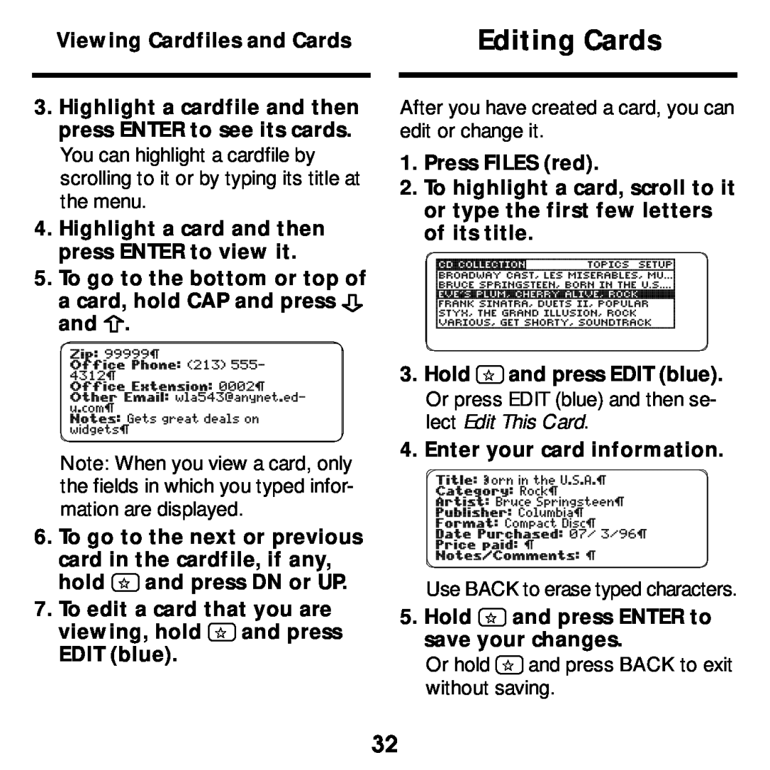 Franklin SDK-763, SDK-765 manual Editing Cards, Use BACK to erase typed characters 