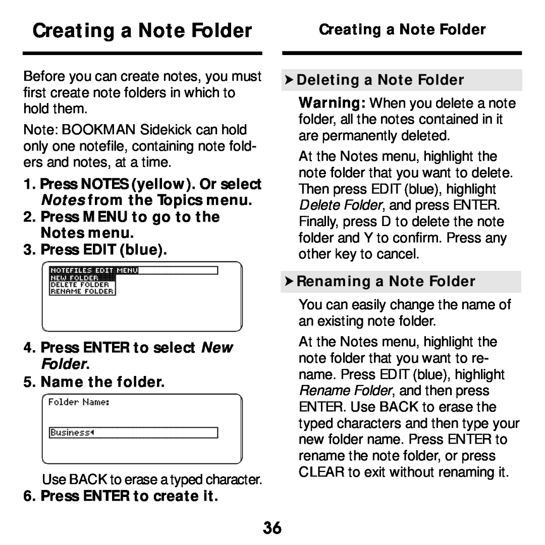 Franklin SDK-763 Creating a Note Folder, Press NOTES yellow. Or select Notes from the Topics menu, Renaming a Note Folder 