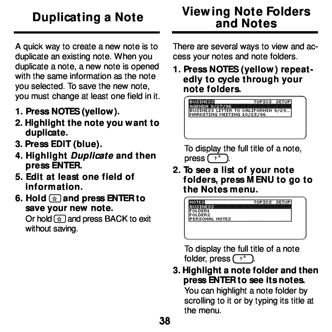 Franklin SDK-763, SDK-765 manual Duplicating a Note, Viewing Note Folders, and Notes 