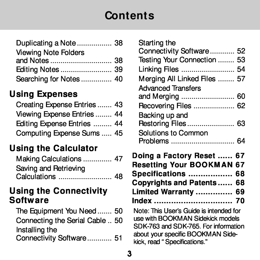 Franklin SDK-765, SDK-763 manual Using Expenses, Using the Calculator, Using the Connectivity, Software, Contents 