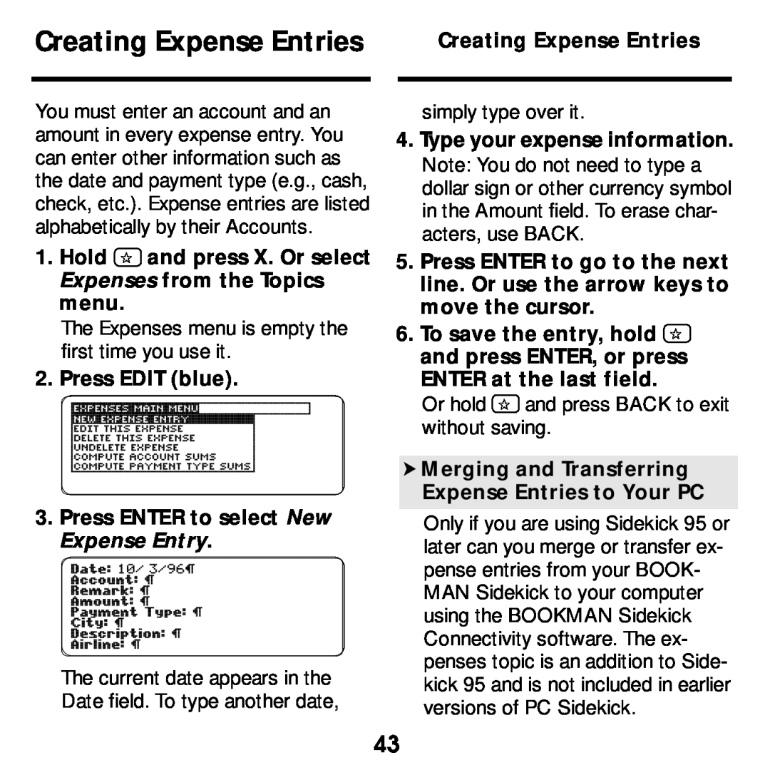 Franklin SDK-765, SDK-763 manual Creating Expense Entries 