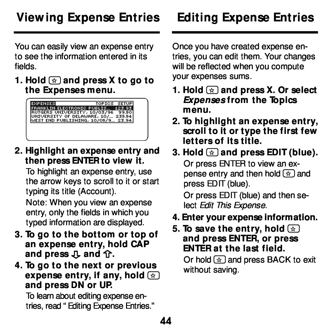 Franklin SDK-763, SDK-765 manual Viewing Expense Entries Editing Expense Entries 