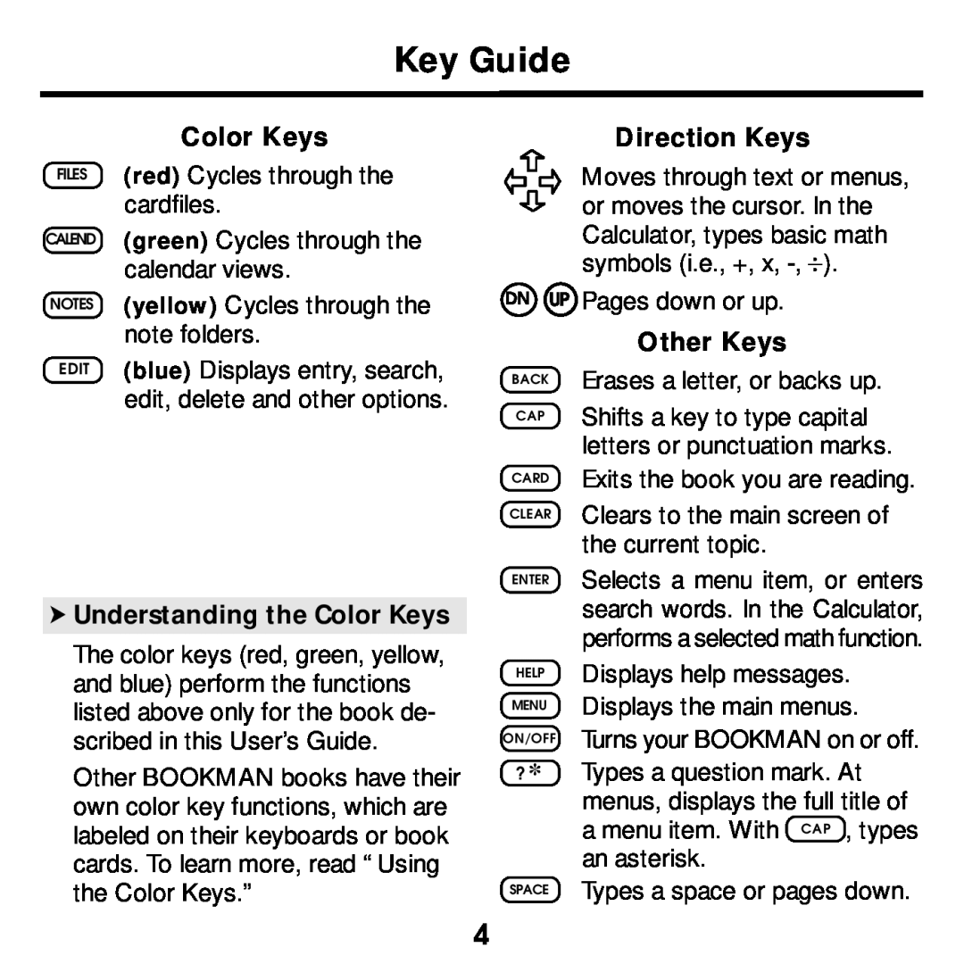 Franklin SDK-763, SDK-765 manual Key Guide, Understanding the Color Keys, Direction Keys, Other Keys 