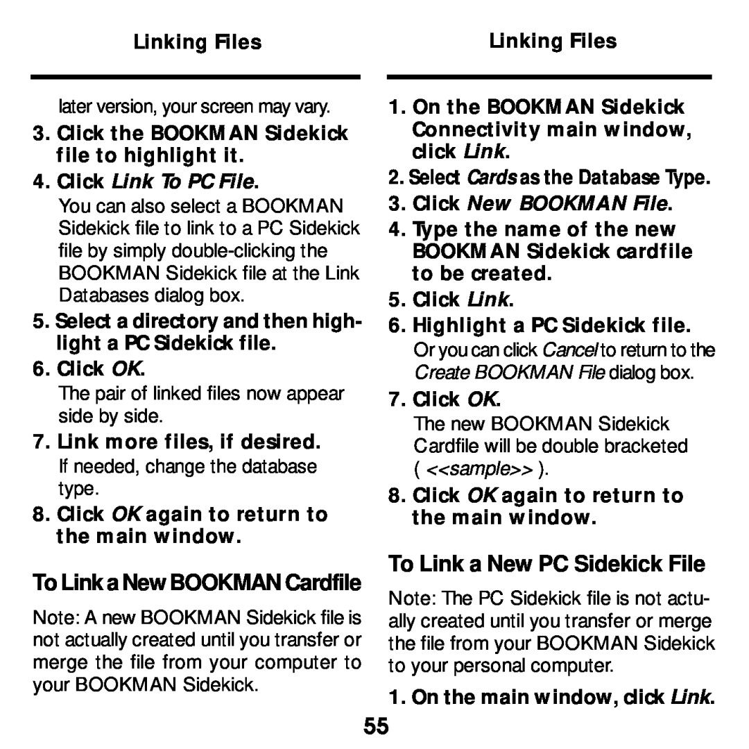 Franklin SDK-765, SDK-763 manual To Link a New PC Sidekick File, Click Link To PC File, To Link a New BOOKMAN Cardfile 