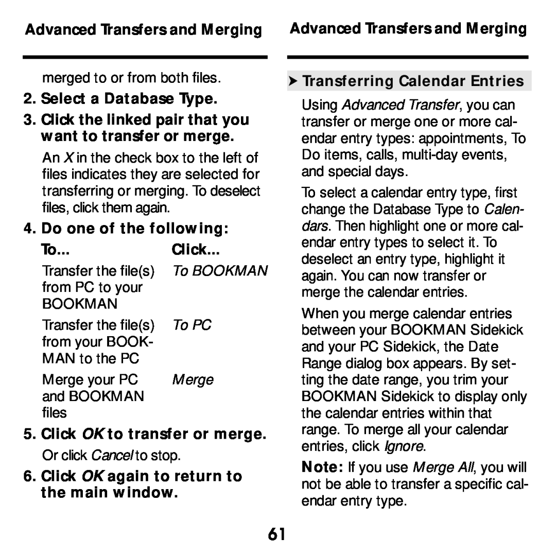 Franklin SDK-765 Advanced Transfers and Merging Advanced Transfers and Merging, Select a Database Type, To BOOKMAN, To PC 