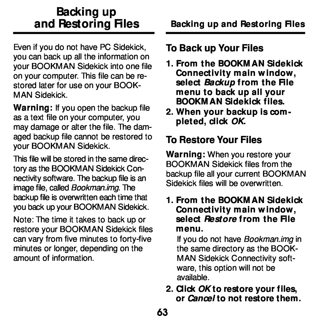 Franklin SDK-765, SDK-763 manual Backing up and Restoring Files, To Back up Your Files, To Restore Your Files 