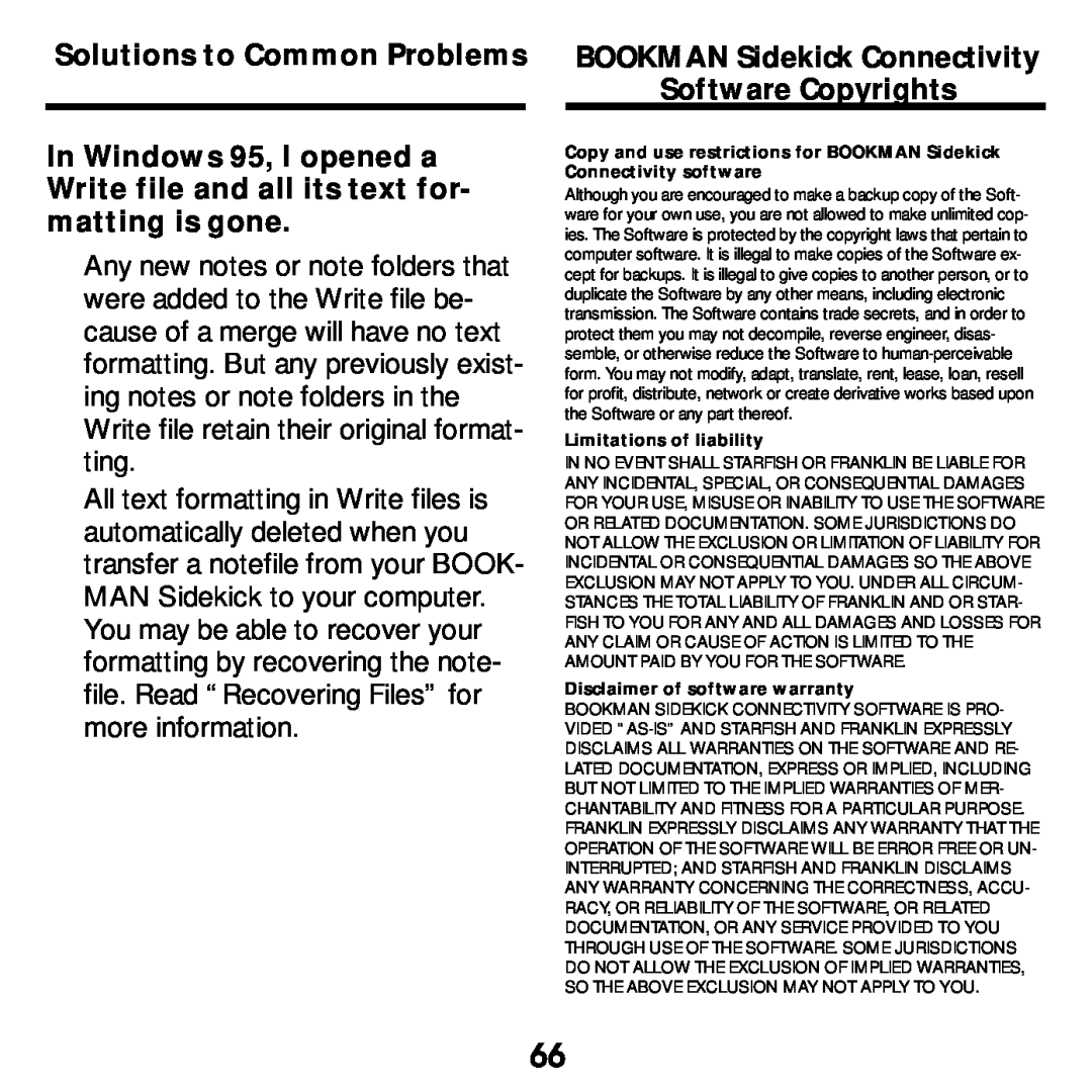 Franklin SDK-763, SDK-765 Copy and use restrictions for BOOKMAN Sidekick Connectivity software, Limitations of liability 