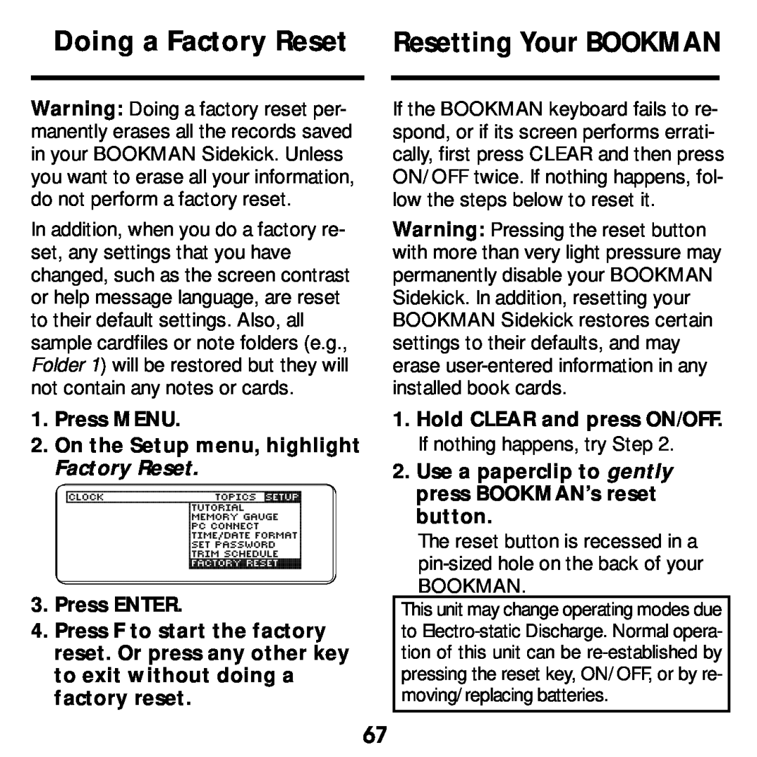 Franklin SDK-765, SDK-763 manual Doing a Factory Reset Resetting Your BOOKMAN 