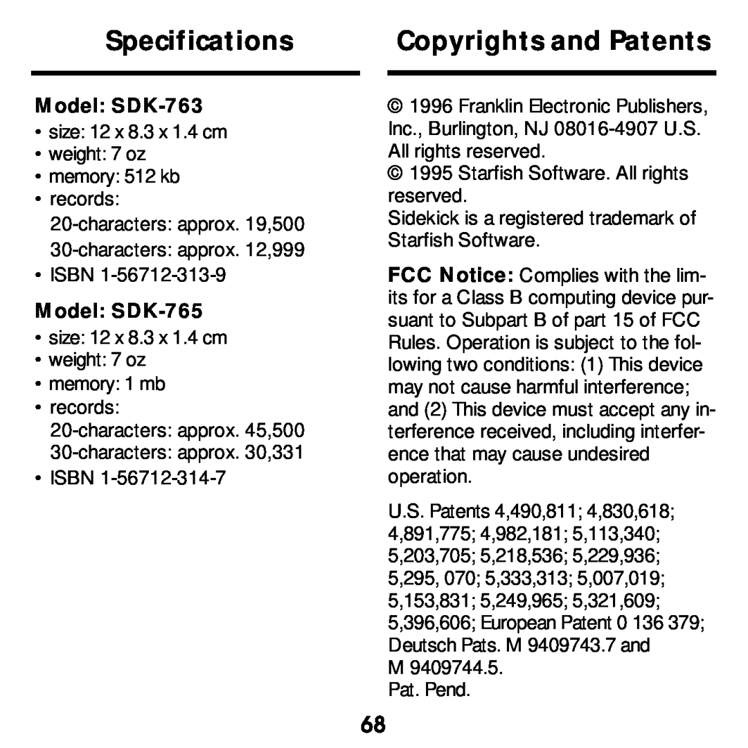 Franklin manual Specifications, Copyrights and Patents, Model SDK-763, Model SDK-765 