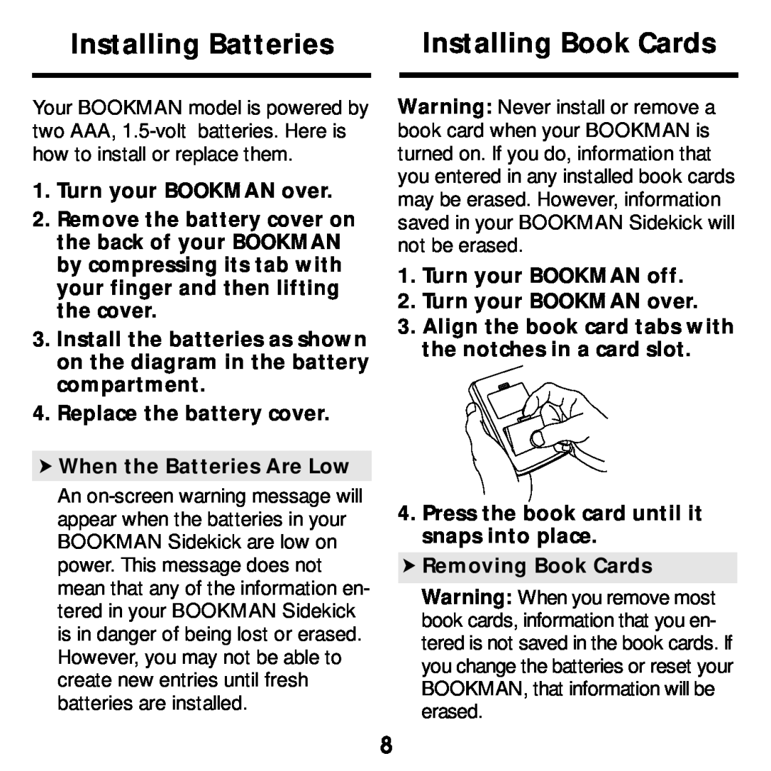 Franklin SDK-763, SDK-765 manual Installing Batteries, Installing Book Cards 