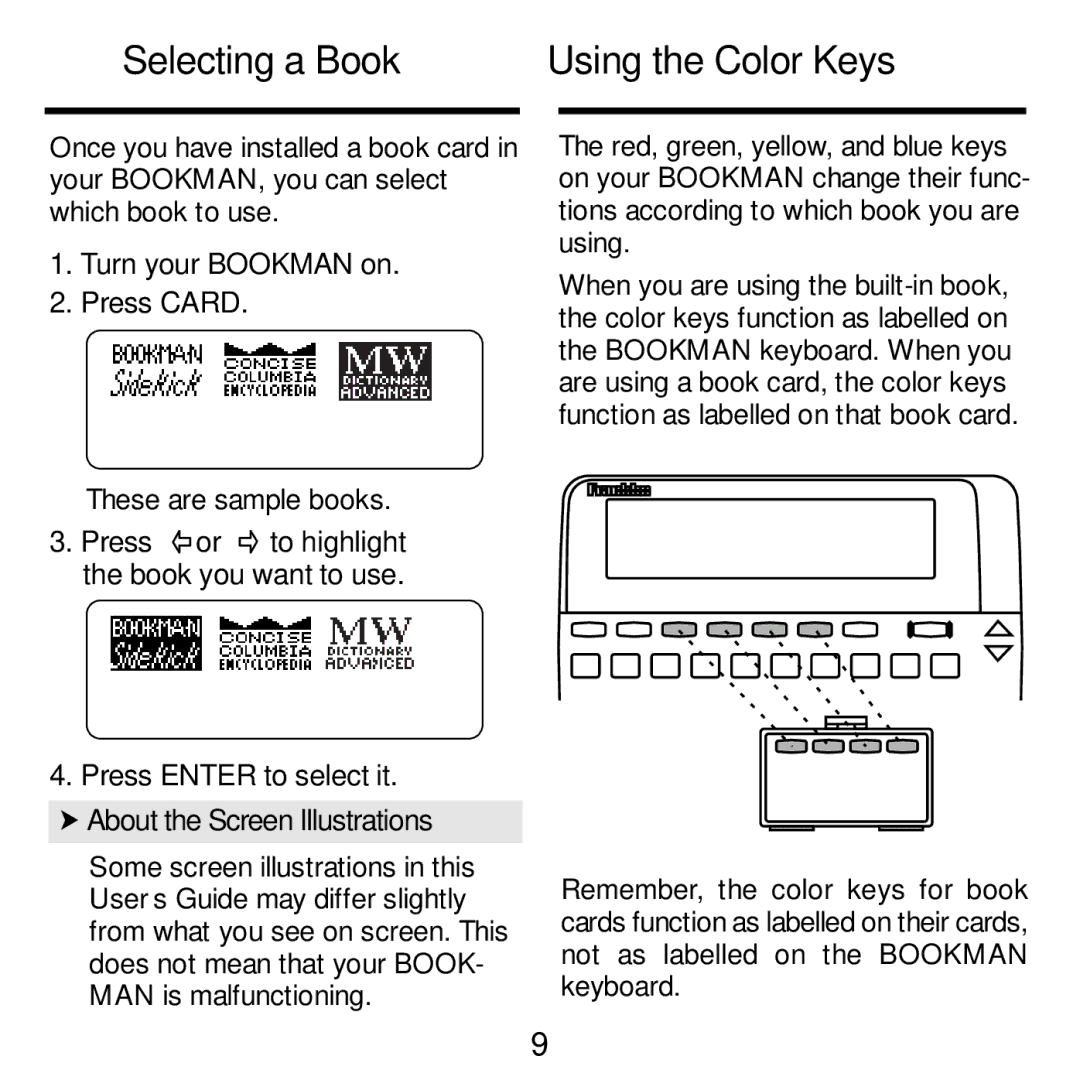 Franklin SDK-765, SDK-763 manual Selecting a Book, Using the Color Keys, Turn your Bookman on Press Card 