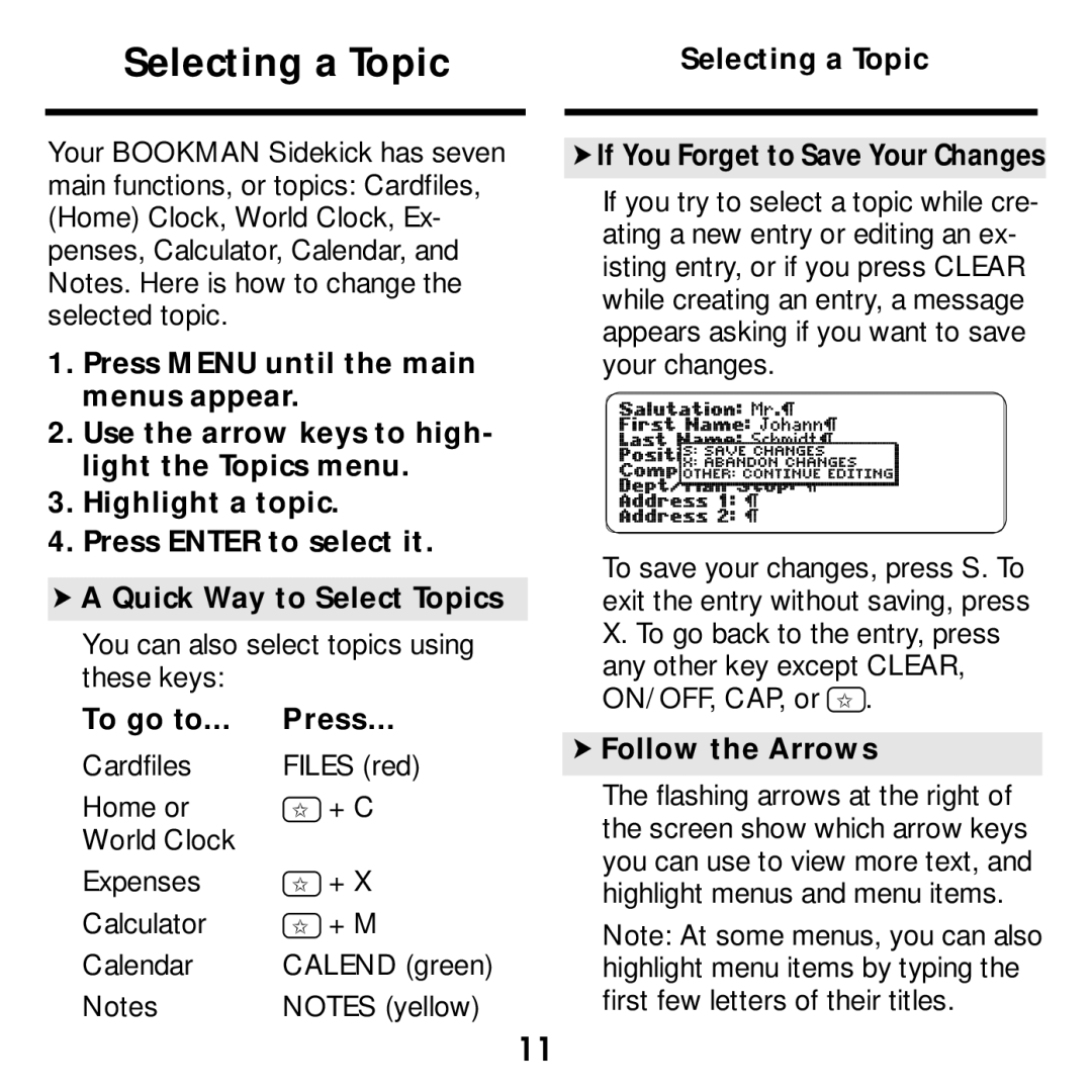 Franklin SDK-765, SDK-763 manual To go to Press, Selecting a Topic If You Forget to Save Your Changes, Follow the Arrows 