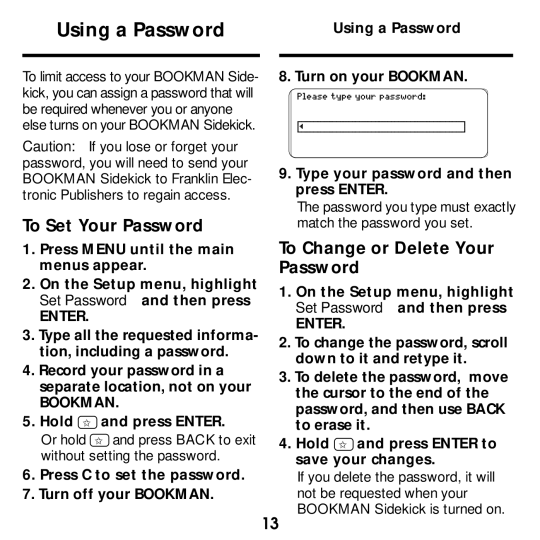 Franklin SDK-765, SDK-763 manual Using a Password, Hold and press Enter 