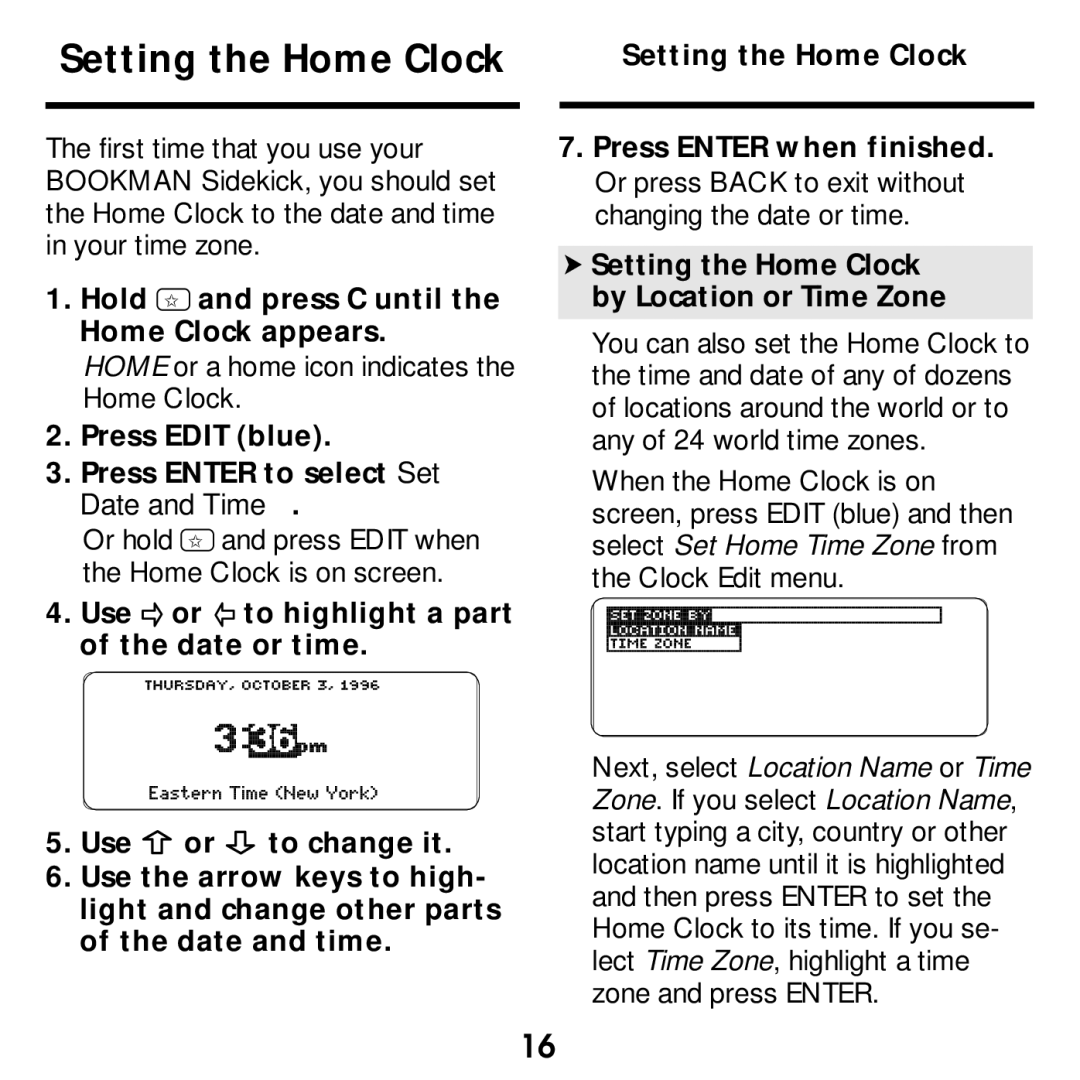 Franklin SDK-763, SDK-765 manual Setting the Home Clock, Hold and press C until Home Clock appears 