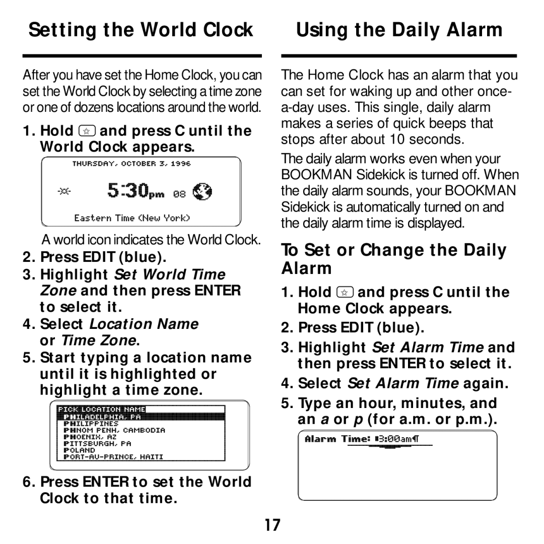 Franklin SDK-765, SDK-763 manual Setting the World Clock Using the Daily Alarm, Hold and press C until World Clock appears 