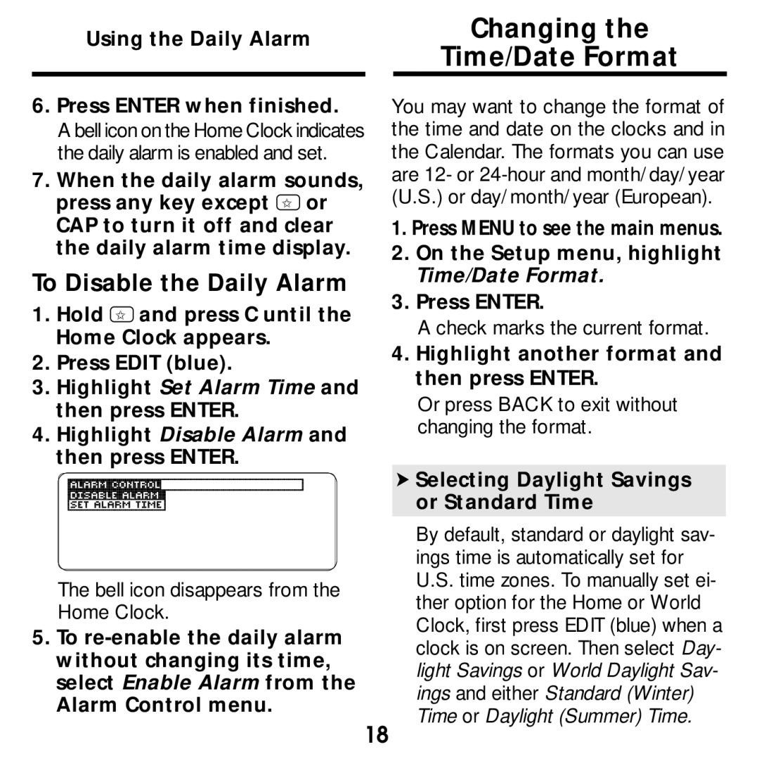 Franklin SDK-763, SDK-765 manual Changing Time/Date Format, Using the Daily Alarm Press Enter when finished 