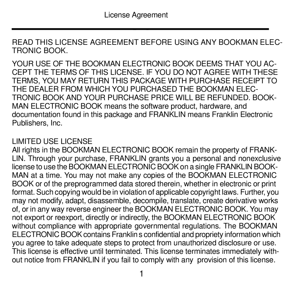 Franklin SDK-765, SDK-763 manual License Agreement, Limited USE License 