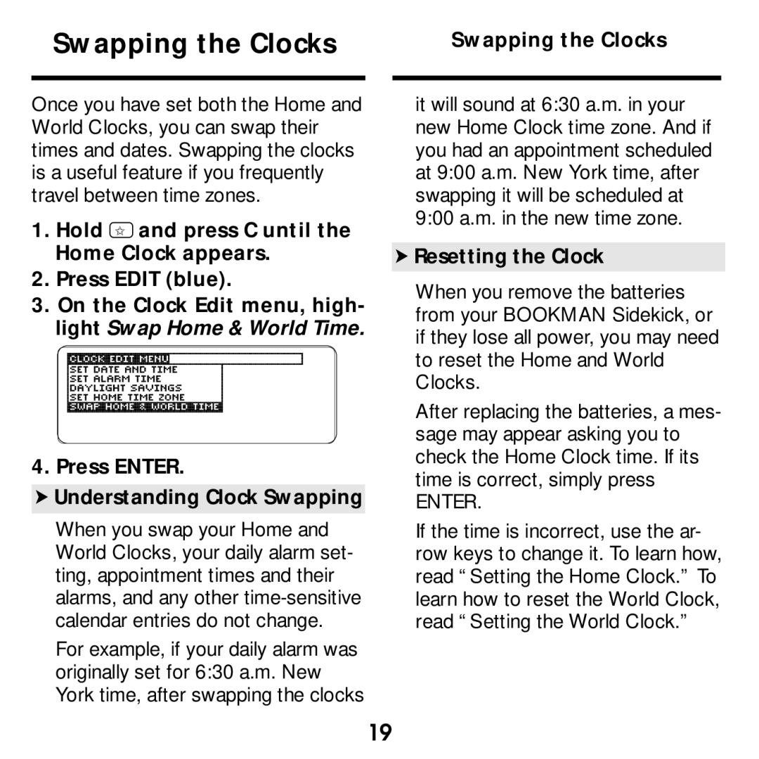 Franklin SDK-765, SDK-763 manual Swapping the Clocks, Resetting the Clock 