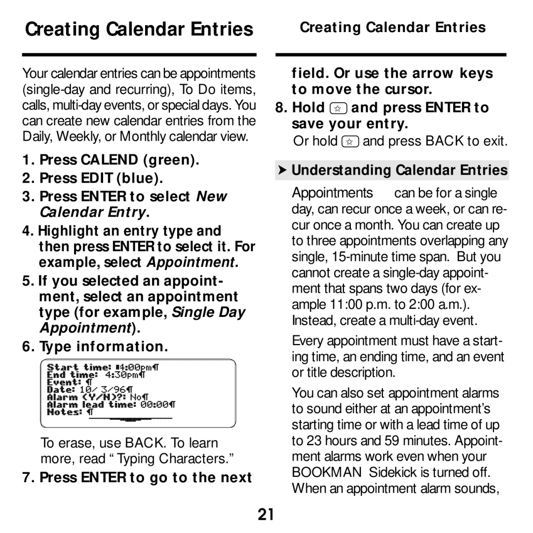 Franklin SDK-765, SDK-763 manual Creating Calendar Entries, Understanding Calendar Entries 