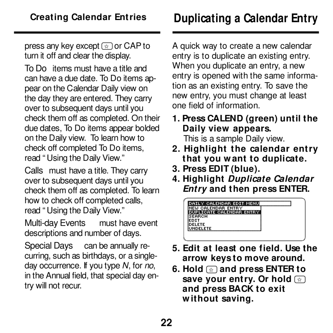 Franklin SDK-763 Press Calend green until the Daily view appears, Highlight Duplicate Calendar Entry and then press Enter 