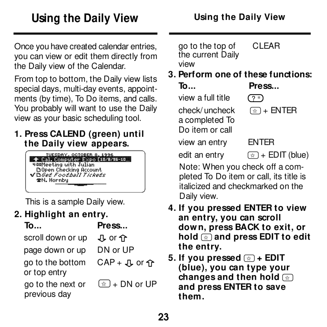 Franklin SDK-765, SDK-763 Using the Daily View, Highlight an entry To...Press, Perform one of these functions To...Press 